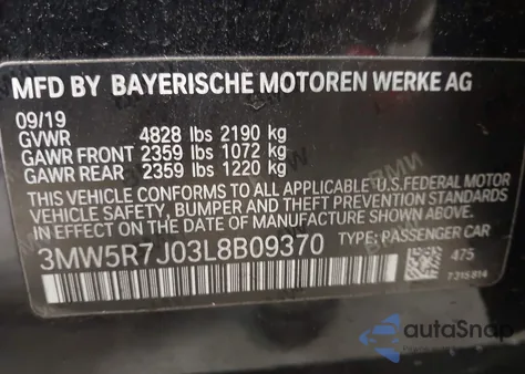 2020 BMW 3 Series 330I xDrive z USA, uszkodzony, nr VIN 3MW5R7J03L8B09370